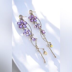 Crystal Garden Lilac Floral Dangle Drop Earrings in Silver